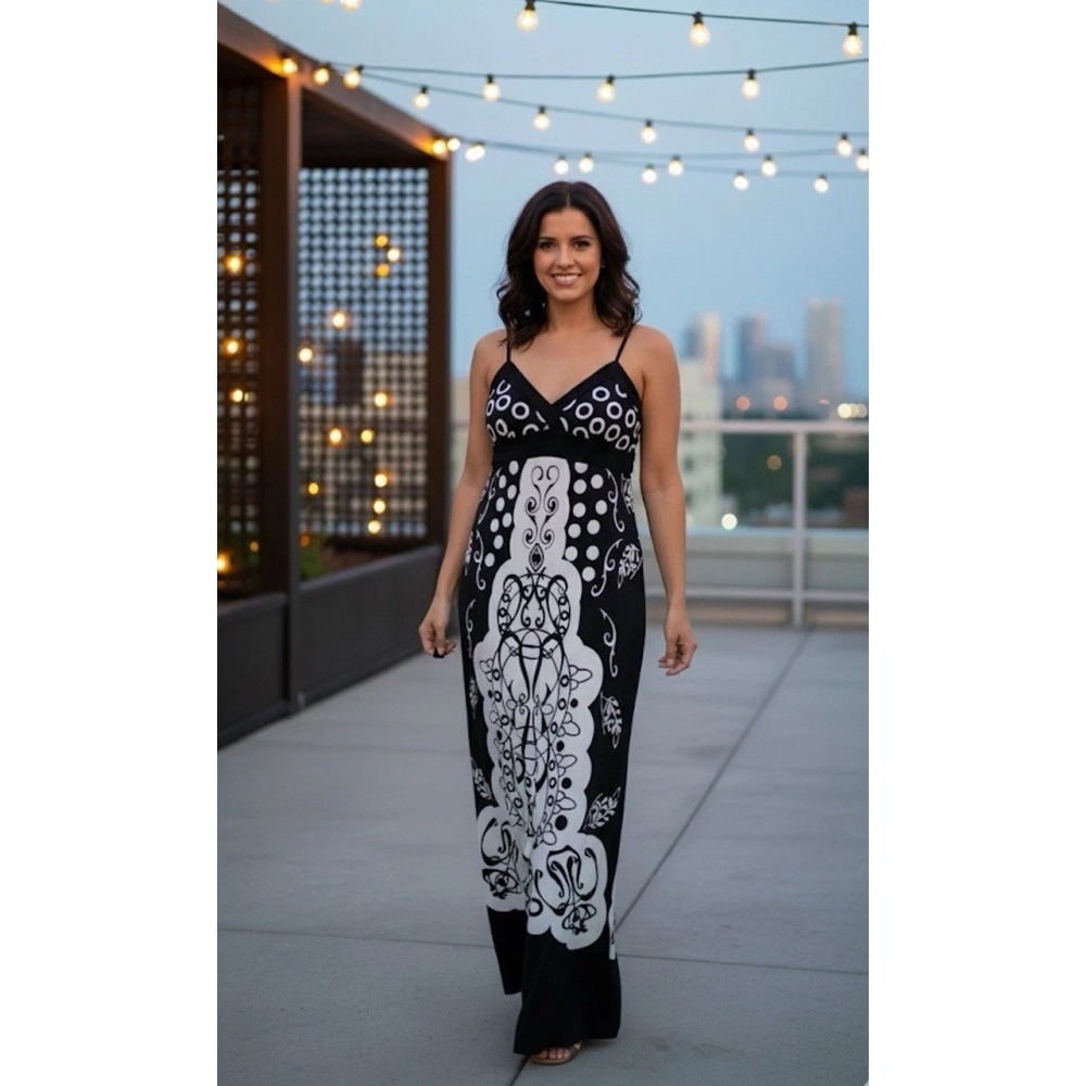 VTG Y2K Forever 21 Black & White Maxi‎ Dress Geometric Floral Boho Fairy L Large